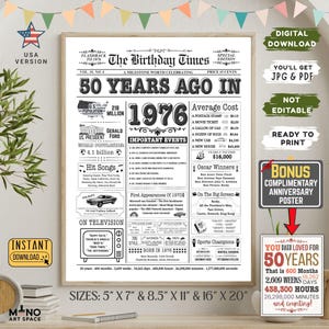 Póster de periódico de cumpleaños de 1976, regalo para el 50.º cumpleaños (PDF y JPG)