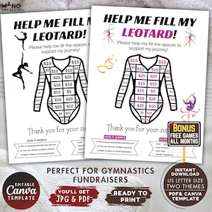 Gymnastics Fundraiser Game, Editable Donation Tracker Template, Fill My Leotard Fundraising Sheet PDF Canva, Bonus 12 Trivia Games.