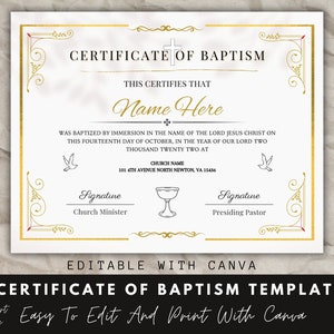 Certificado De Bautismo, Plantilla Canva, Plantilla De Bautismo Editable, Certificado Editable, Certificado Canva, Certificado De Bautizo.
