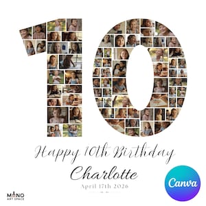 10th Birthday Photo Collage Template: Editable Milestone Sign (Canva, Digital Download