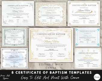 Puede incluir: Ocho plantillas de certificado de bautismo editables en varios colores y diseños. Cada plantilla presenta un borde decorativo, una cruz, un cáliz y el texto "Certificado de bautismo". Las plantillas son fáciles de editar e imprimir con Canva.
