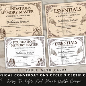 May include: Four printable certificates for Classical Conversations Cycle 3. The certificates are beige with brown text and borders. The certificates are for "Foundations Memory Master" and "Essentials of English Language". The certificates are editable with Canva.