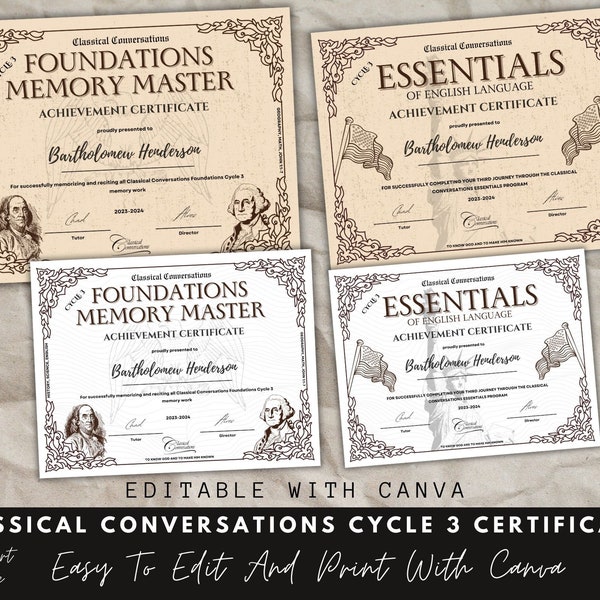 Classical Conversations Certificate, CC Cycle 3 Canva, Canva Template, Editable Certificate, End of Year Celebration, Canva Certificate.