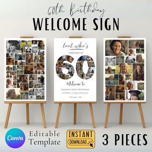 60th Birthday Welcome Sign Bundle, Photo Collage Poster Set, Editable Canva Templates, Printable Party Decor, Look Whos 60, Instant Download