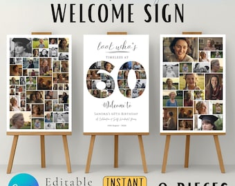 60th Birthday Photo Collage Welcome Sign, Editable Canva Template (Instant Download)