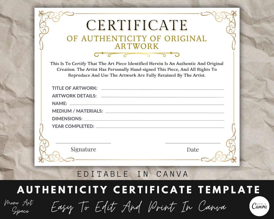 Certificate of Authenticity for Artwork, Canva Template, Editable ...