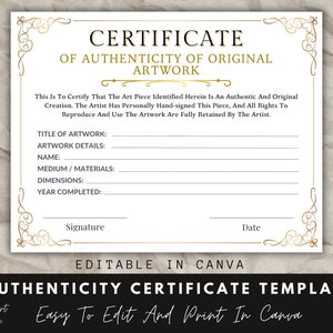 Certificate Of Authenticity For Artwork, Canva Template, Editable Certificate, Artwork Templates, Instant Download.