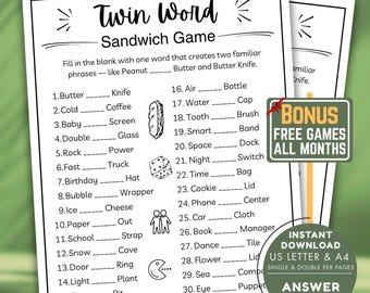 Twin Word Sandwich Game, Party Word Association (Printable PDF)