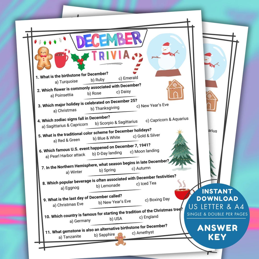 December Trivia Game Printable, Christmas Quiz, Winter Party Activity ...