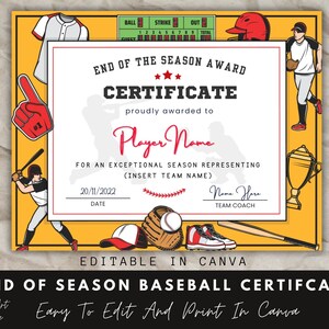 End of Season Baseball Award Certificate, Canva Template, Editable Baseball Team Certificate Template, End of Season Recognition, Baseball.