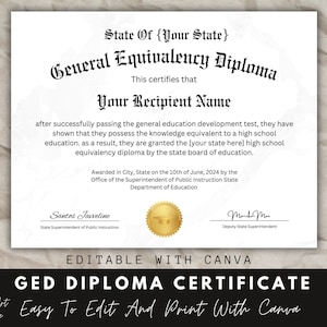GED Diplom Zertifikat mit Siegel, Canva Template, bearbeitbares Zertifikat, Diplom Zertifikat, Schuläquivalenz Diplom, Sofort Download.