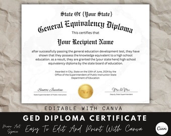 GED Diploma Certificate with seal, Canva Template, Editable Certificate, Diploma Certificate, School Equivalency Diploma, Instant Download.