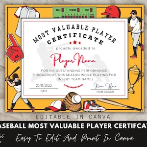 Most Valuable Player Award Certificate, Canva Template, Editable Baseball Team Certificate Template, Baseball Award, End Of Season Award.