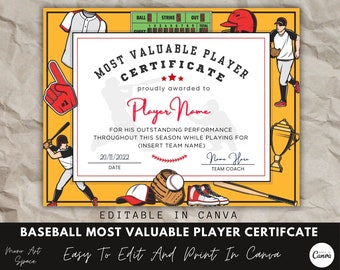 Most Valuable Player Award Certificate, Canva Template, Editable Baseball Team Certificate Template, Baseball Award, End Of Season Award.