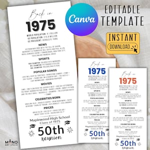 Class of 1975 Reunion Bookmark – Editable 50th High School Reunion Favor, Canva Timeline Template, Printable School Keepsake Gift