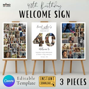 40th Birthday Welcome Sign Bundle, Photo Collage Poster Set, Editable Canva Templates, Printable Party Decor, Look Whos 40, Instant Download