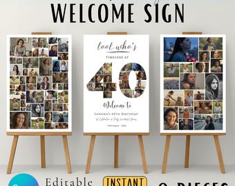 Cartel de bienvenida para 40 cumpleaños, collage de fotos, plantilla de Canva (descarga instantánea)
