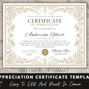 Editable Certificate Of Appreciation, Canva Template, Appreciation Award, Canva Certificate, Printable Template, Instant Digital Download