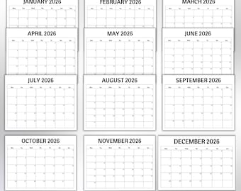 2026 Monthly Calendar Printable, Editable Canva Template (Digital Download)