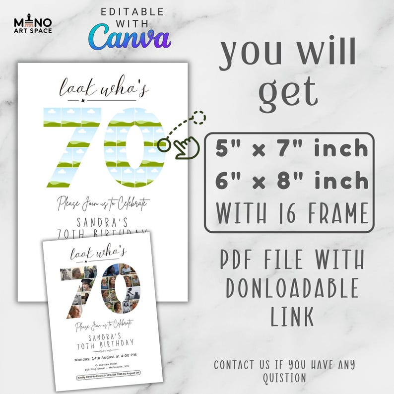 Puede incluir: Un dise&ntilde;o de invitaci&oacute;n blanco para una celebraci&oacute;n de 70 cumplea&ntilde;os. El dise&ntilde;o incluye el texto "look who's 70" y "Please join us to celebrate Sandra's 70th birthday". La invitaci&oacute;n est&aacute; disponible en tama&ntilde;os de 12,7 cm x 17,8 cm y 15,2 cm x 20,3 cm.