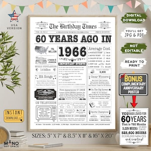 1966 Birthday Newspaper Poster, 60th Birthday Gift (PDF, JPG)