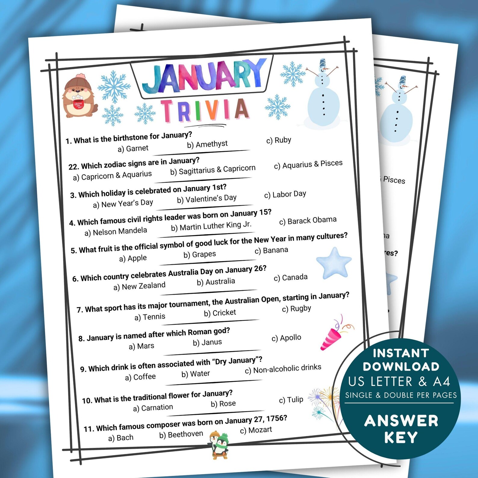 January Trivia Game Printable, Winter Party Quiz, New Year Classroom ...