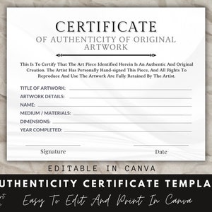 Authenticity Certificate For Artwork, Canva Template, Artist Certificate, Artwork Templates, Instant Download.