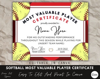 Most Valuable Player Award Certificate, Canva Template, Editable Softball Team Certificate Template, Softball Award, End Of Season Award.