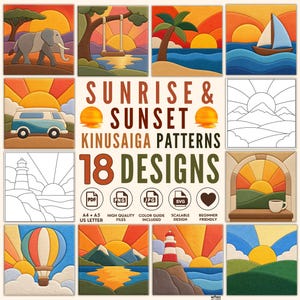 Sunrise Sunset Kinusaiga Patterns Bundle, 18 Beginner Fabric Art Templates, Lighthouse Sailboat No Sew Craft, Printable pdf png jpg svg
