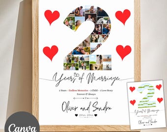 Collage de fotos para el segundo aniversario: Arte mural personalizado para parejas (Plantilla de Canva, descarga digital)