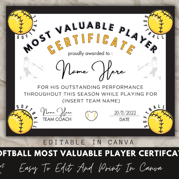 Editable Softball Team Certificate Template, Canva Template, Most Valuable Player Award Certificate, Softball Award, End Of Season Award.