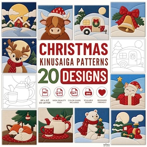 May include: A digital collection of 20 Christmas Kinusaiga patterns featuring festive illustrations of a highland cow, a camper, a bell, a reindeer, a cat in a gift box, a fox, a teapot, a polar bear, and a train, with PDF, PNG, JPG, and SVG files.