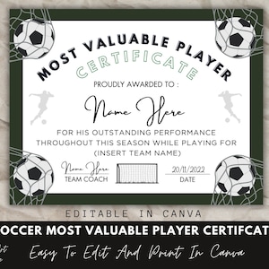 Editable Soccer Team Certificate Template, Most Valuable Player Award Certificate, Canva Template, Soccer Award, End Of Season Recognition.