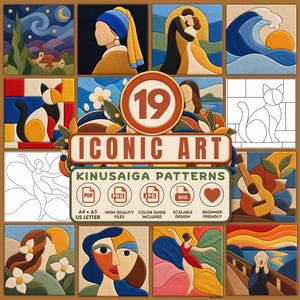 Könnte beinhalten: Eine digitale Sammlung von 19 ikonischen Kinusaiga-Kunstmustern mit verschiedenen stilisierten Illustrationen, darunter eine Katze, Tänzer, Landschaften und Porträts. Der zentrale Text lautet 19 ICONIC ART KINUSAIGA PATTERNS mit Symbolen für Dateiformate.