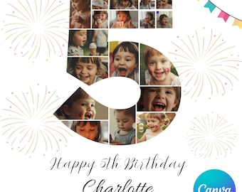 5th Birthday Photo Collage Template: Editable Milestone Sign (Canva, Digital Download