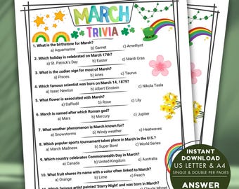 March Trivia Game Printable, St. Patrick’s Day Quiz, Spring Party Activity, Classroom Fun Game, Family Night, Instant PDF & JPG