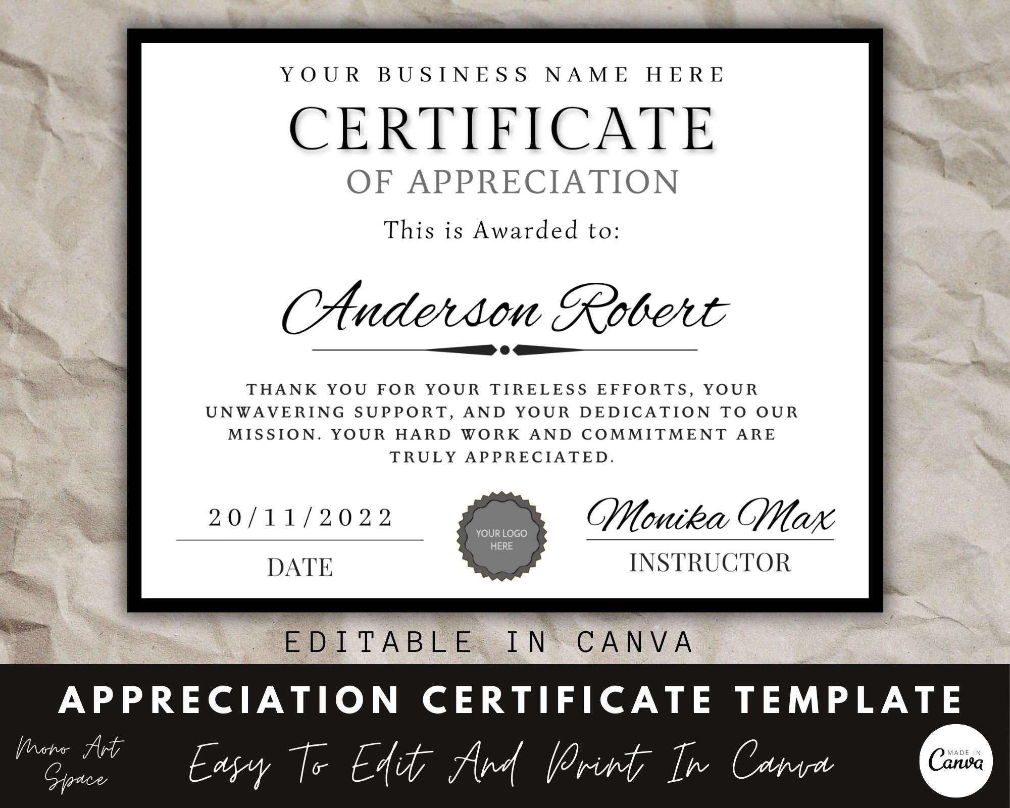 Editable Certificate of Appreciation Template, Printable Award (canva ...