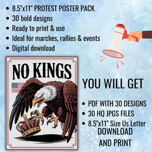 K&ouml;nnte beinhalten: Digitaler Download Protest-Poster-Paket. Das Poster zeigt einen Adler, der eine Krone mit dem Text "NO KINGS" umklammert. Enth&auml;lt 30 k&uuml;hne Designs, druckfertig. Gr&ouml;&szlig;e 21,6 cm x 27,9 cm.