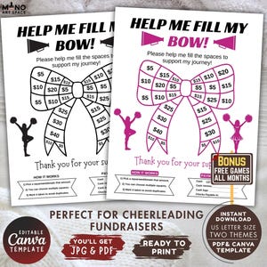 May include: Two printable cheerleading fundraiser templates with a bow design. One is black and white, the other is pink. Each bow has numbered squares for donations. Includes instructions, payment options, and a bonus offer. Text reads "Help Me Fill My Bow!" and "Perfect for Cheerleading Fundraisers."