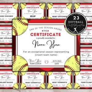 23 Softball Certificate Templates, Printable Softball Certificates, Canva Template, Team Party Printable, End of Season Softball Awards.