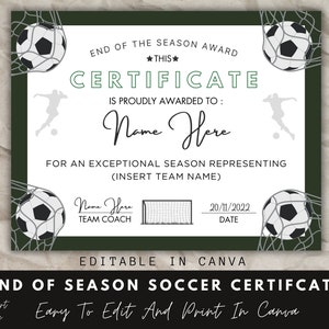End of Season Soccer Award Certificate, Canva Template, Editable Soccer Team Certificate Template, End of Season Recognition, Soccer Award.
