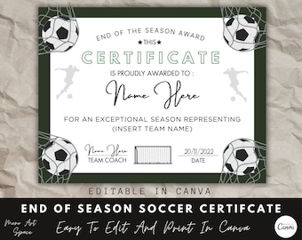 End of Season Soccer Award Certificate, Canva Template, Editable Soccer Team Certificate Template, End of Season Recognition, Soccer Award.