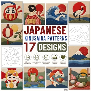 Puede incluir: Una colección de 17 patrones japoneses Kinusaiga con coloridas ilustraciones estilo tela de una muñeca Daruma, una persona en kimono, olas del mar, una grulla, una linterna, un pez koi, un gato, una rana y el monte Fuji con texto.
