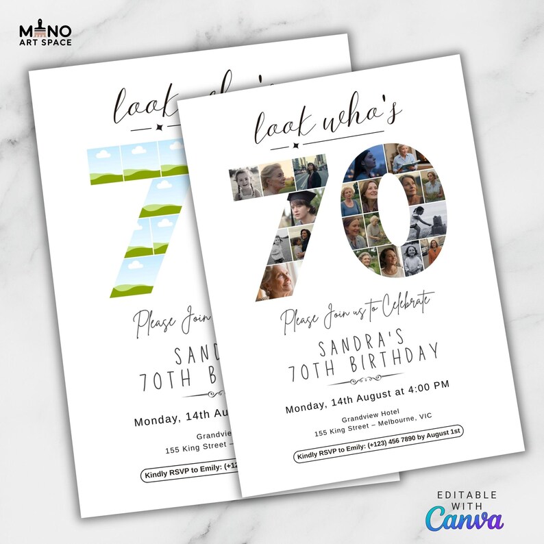Puede incluir: Dos invitaciones de cumplea&ntilde;os blancas con el texto "look who's 70". El n&uacute;mero 70 est&aacute; lleno de fotos. Las invitaciones dicen "Please Join us to Celebrate SANDRA'S 70TH BIRTHDAY" con detalles del evento.