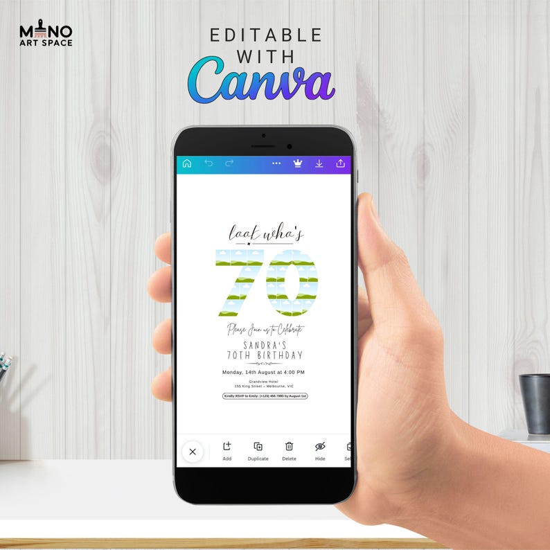 Puede incluir: Un tel&eacute;fono inteligente muestra una invitaci&oacute;n de cumplea&ntilde;os con el texto "look who's 70". El n&uacute;mero 70 est&aacute; relleno con un dise&ntilde;o de paisaje. La invitaci&oacute;n incluye detalles para el 70 cumplea&ntilde;os de Sandra. El tel&eacute;fono est&aacute; en una mano.