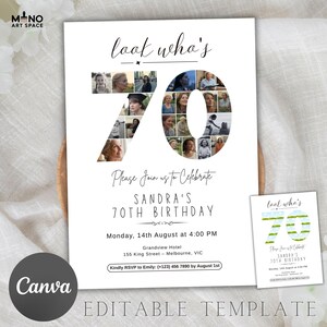 Puede incluir: Tarjeta de invitaci&oacute;n blanca con el texto "look who's 70" y "Please Join us to Celebrate SANDRA'S 70TH BIRTHDAY". El n&uacute;mero 70 est&aacute; relleno de peque&ntilde;as fotos. Incluye detalles del evento y una versi&oacute;n m&aacute;s peque&ntilde;a.