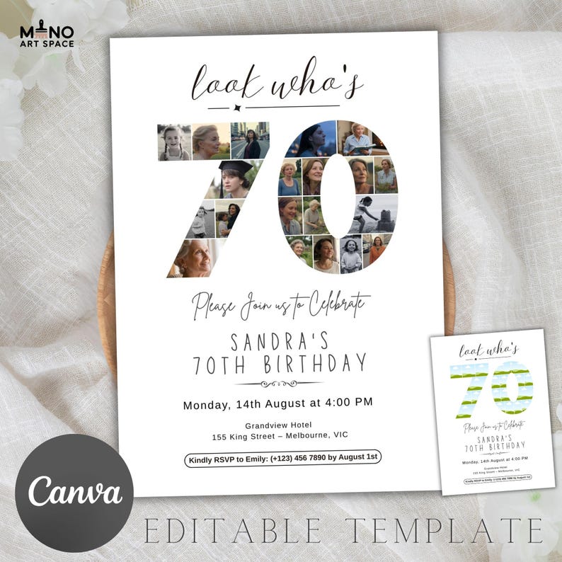 Puede incluir: Tarjeta de invitaci&oacute;n blanca con el texto "look who's 70" y "Please Join us to Celebrate SANDRA'S 70TH BIRTHDAY". El n&uacute;mero 70 est&aacute; relleno de peque&ntilde;as fotos. Incluye detalles del evento y una versi&oacute;n m&aacute;s peque&ntilde;a.