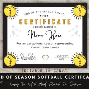 End of Season Softball Award Certificate, Canva Template, Editable Softball Team Certificate Template, End of Season Recognition.