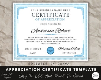 Editable Appreciation Certificate Template, Printable Award (Digital Download)