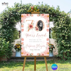 Floral 70th Birthday Welcome Sign with Photo – Editable Pink Flower Poster for Women, Canva Template, Born in 1955 Sign